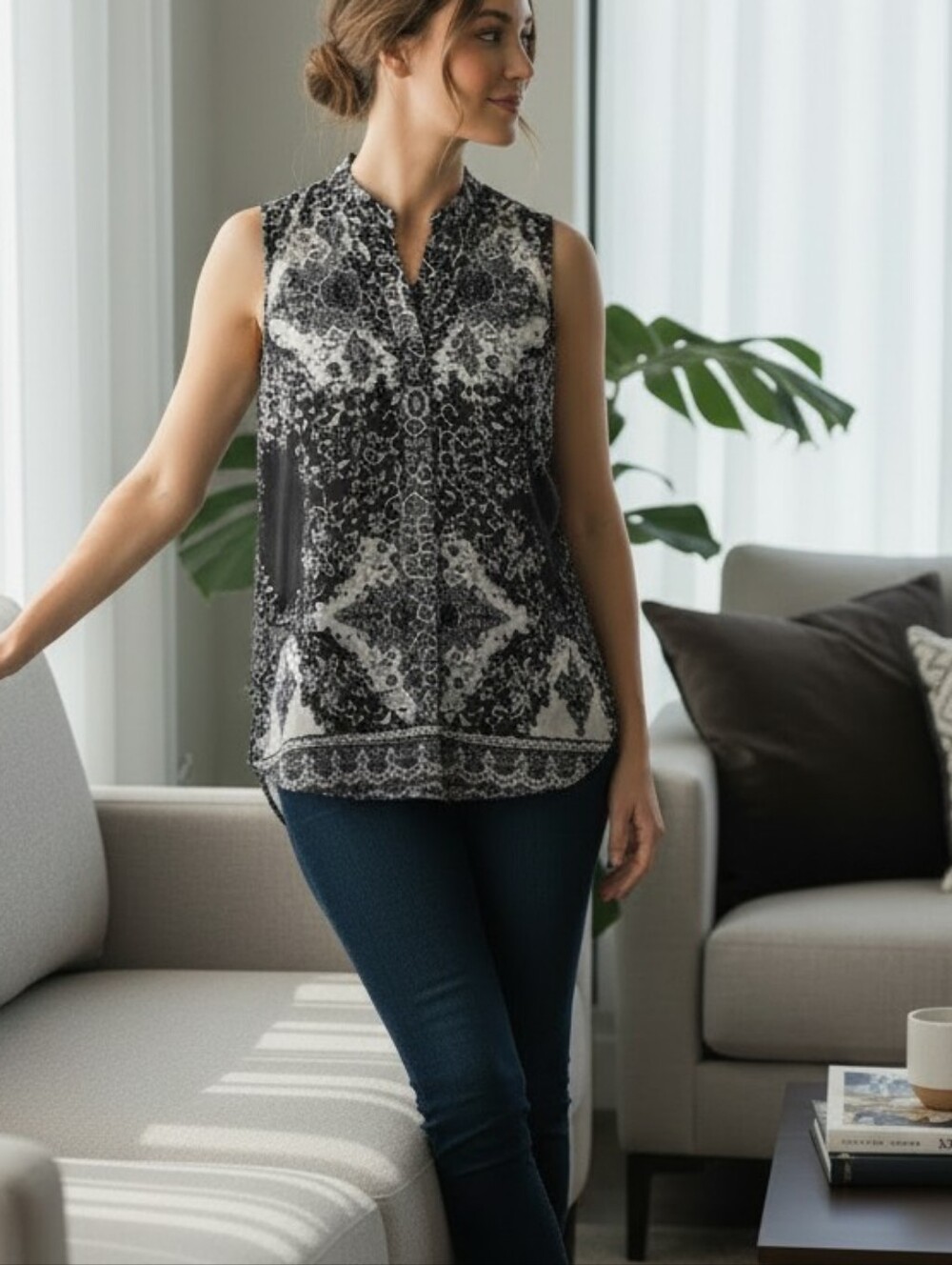 SHE’S COOL Damask Print Sleeveless Tunic High Low Blouse Size XL
